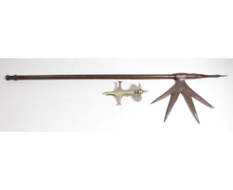 A 19th Century Indian Axe, with splayed four blade socket head, the cylindrical wood haft with brass butt collar, the brass w