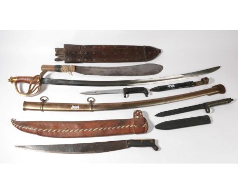 Five Various Edged Weapons, comprising two machetes, one by Collins &amp; Co., both with leather sheaths, two modern bayonets