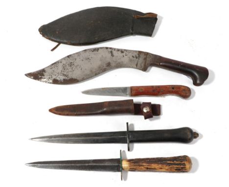 A Kukri Type Fighting Knife, the 24cm broad single edge curved steel blade single edge for the last 5cm, the two piece wood g