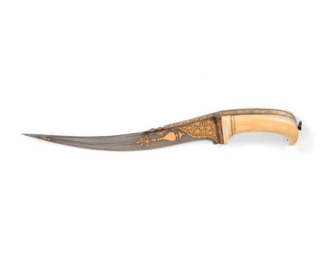 A Good 18th Century Indo-Persian Pesh Kabz, the 28cm T-section curved steel blade double edged for the last 18cm, with raised