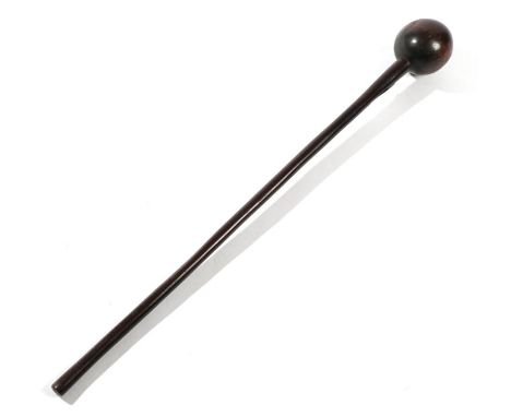 A Late 19th Century Zulu Knobkerrie, of lignum vitae, with large globular head and tapering haft, 73cm.  Splits and two small