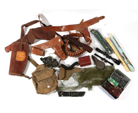 A Quantity of Militaria, including a cavalry compass; leather pistol holsters; cartridge belts; gas masks etc 
