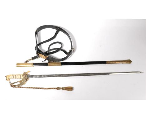 An Elizabeth II Naval Officer's Sword, the 79cm fullered steel blade etched with the Royal cypher, the brass gothic hilt cast