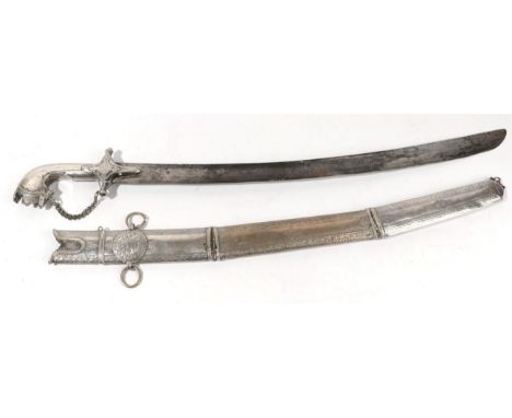 A 19th Century Arab Nimcha Type Sword, with 64cm single edge curved steel blade, silver covered saw handle hilt with foliate 