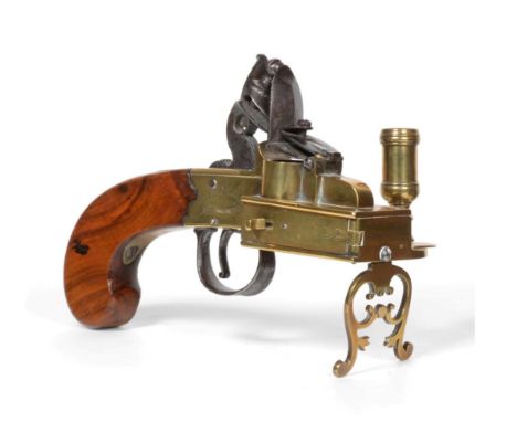 An Early 19th Century Flintlock Tinder Lighter by Ryan &amp; Watson, London, with steel frizzen pan cover and hammer, brass b