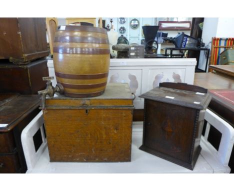 An Edward VII oak smokers cabinet, a stoneware barrel with tap and a tin trunk 