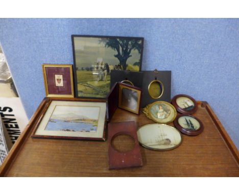 A pair of Georgian ebonised picture frames, a watercolour, a cased ambrotype, a small pen and ink drawing of a family crest, 