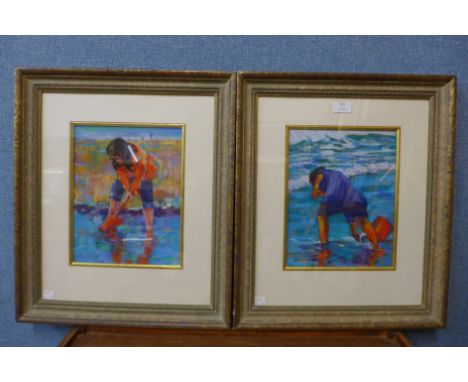 Sue McDonagh, studies of children playing in the sea, pastel, framed 