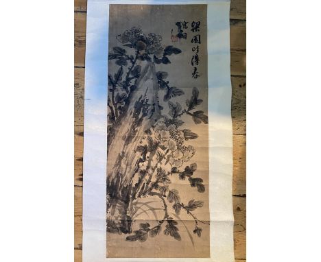 CHINESE SCHOOLINK WASH 'FLOWERS' HANGING SCROLL 184cm long 43 cm wide 