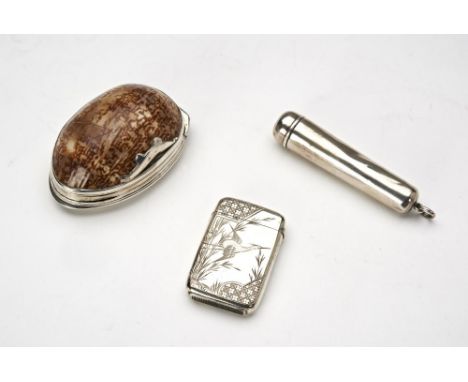 GEORGIAN SILVER MOUNTED COWRIE SHELL SNUFF BOX18TH CENTURYtogether with an Aesthetic style vesta; and an EDWARDIAN SILVER CHE