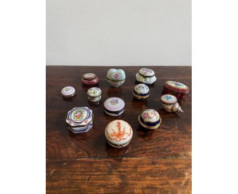 A COLLECTION OF TWELVE FRENCH FLORAL DECORATED GILDED TRINKET POTS, MOSTLY LIMOGES,VARIOUS SHAPES AND SIZES 