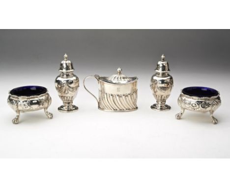 PAIR OF GEORGE II SILVER SALTSLONDON 1742with repousse decoration raised on three shell cast paw feet, 7cm diam; together wit