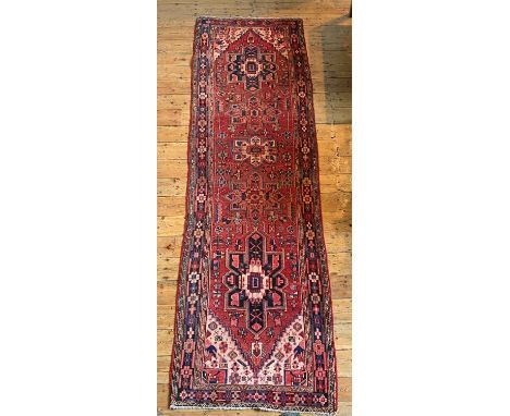 BORDER PATTERN RED, BLUE &amp; BEIGE RUNNER, 355cm x 110cm 