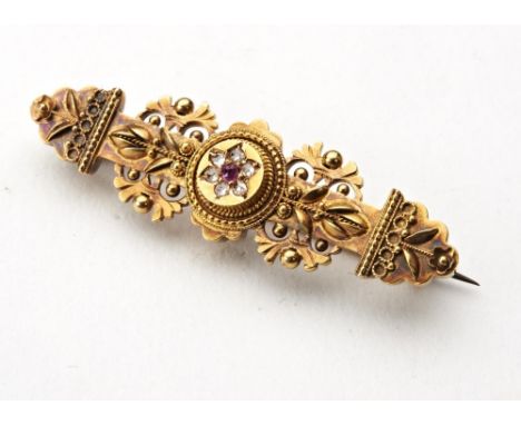 VICTORIAN 15CT GOLD RUBY AND DIAMOND BROOCHLATE 19TH CENTURY3gms 