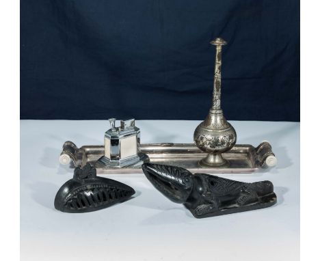 Two coal carvings, a Ronson table lighter and two others