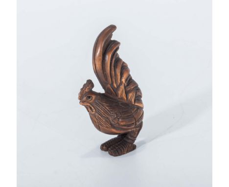 Hand-carved hardwood netsuke of a Japanese bantam cockerel