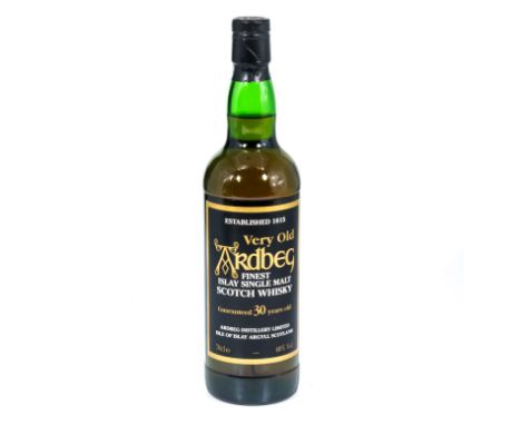 A bottle of Ardbeg finest Islay single malt Scotch whisky guaranteed 30 years old, distilled in 1966 bottled 1996, 40% ABV 70