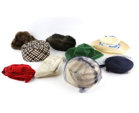 8 Vintage hats to include a red velvet hat Elfriends of New Bond street, straw Harrods hat, and two faux fur hats .       