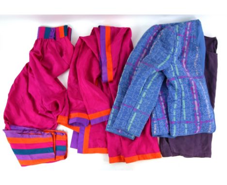 1980s vintage fashion to include Caroline Charles silk two piece in mauve, fuchsia pink Harem pants suit in silk, Royal blue 