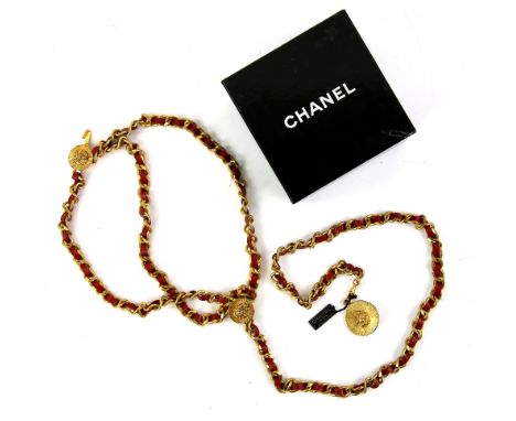 1980s Vintage Chanel 3 gold and red leather chain belt, boxed, Chanel tag 14642.       89cm long 