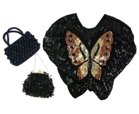 A Collection of vintage beaded clothing to include a jacket in bold colours by Linsiano, a black sequin top with butterfly de