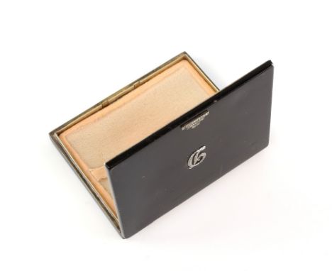 An Asprey Art Deco compact in silver and black enamel with diamanté  inlay to the front formed as the initial D, London 1935.