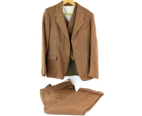 1940's gentleman's Harris tweed outfit, comprising overcoat, jacket trousers and waistcoat in brown with label Burton .      