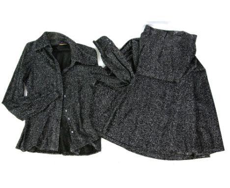 Jean Varon brown and white blouse with frilled collar and cuffs, Jean Muir Studio crepe wide length trousers in navy,  Estrad