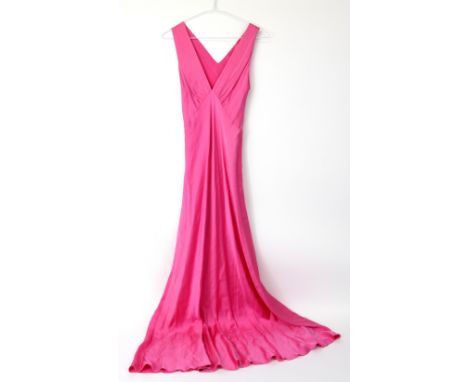Two silk 1930s bias cut nightdresses one in shocking pink the other aqua and a shocking pink and black lace negligee 1960s to