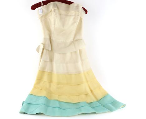 Eve Valore of Knightsbridge 1960s tiered strap less cocktail dress in cream, yellow and turquoise, a 1940s dusky pink linen d