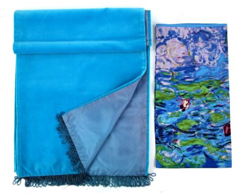 Vintage silk scarf based on Monet's Water Lily's machine stitched on the edge, and a turquoise velvet shawl.       