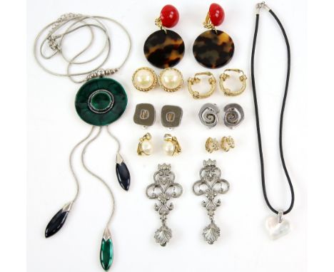 Four pairs of Christian Dior earrings, two pairs by Ian Young for Jean Muir, others by Alexandrine, Lalique heart pendant and