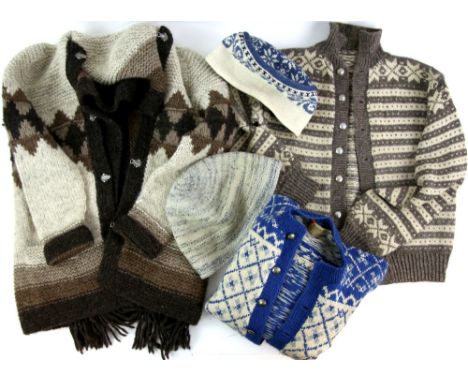 Vintage Norwegian knitwear to include a blue and white cardigan with label for Reimers Trondheim , a brown and white cardigan