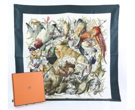 Hermes silk Scarf of game birds by Henri de Linares, in original orange box.       appears to have had light wear, light stai