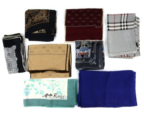 Collection of vintage scarves, neck ties and hankies including Herbert Johnson, Christian Dior, Nina Ricci, Burberry and Libe