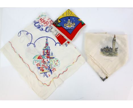 Norwegian Scarf with commemorative date 1050-1950, and another in the form of a map, and an Italian silk scarf, .       
