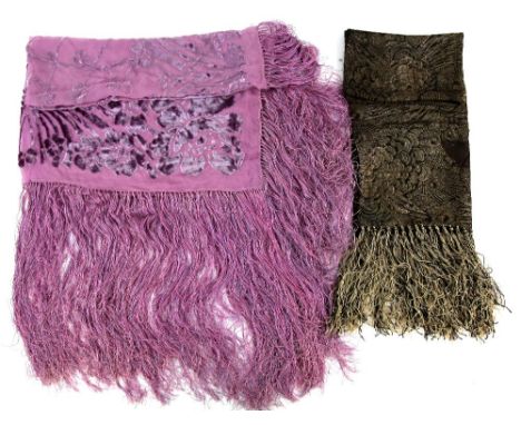 Devore shawl in pale purple with deep fringe and an Art Deco black and gold lame scarf .       
