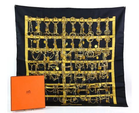 Hermes silk scarf depicting  horse bits, Martell Grand National 1997 in orange box.       Good overall condition, looks like 