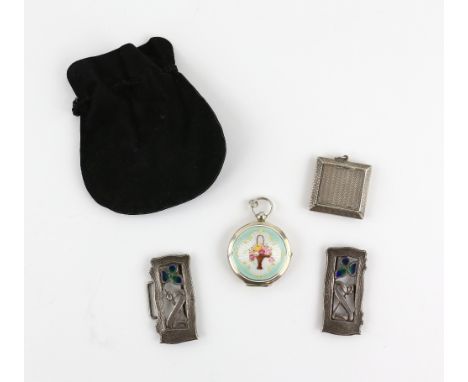 An Art Nouveau style silver and enamel belt buckle Birmingham 1903, makers L and S a silver compact with enamel decoration an