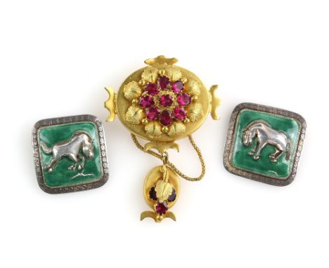 Victorian brooch of gilt metal set with paste stones, and  green  enamel buttons in Fortnum &amp; Mason box .       CONDITION