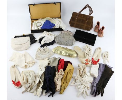 Vintage evening bags to include bead work and diamanté, assorted handkerchiefs, child's felt shoes, Chinese slippers and even