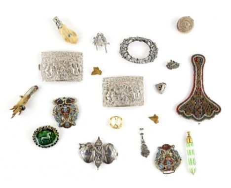 A group of textiles accessories and costume jewellery, including 800 silver belt buckle, niello silver buckle, enamel floral 