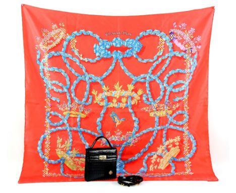 Hermes silk scarf  by H 'Origny with floral bird and ribbon print on a coral ground, unboxed  and a Pierre Balmain black leat