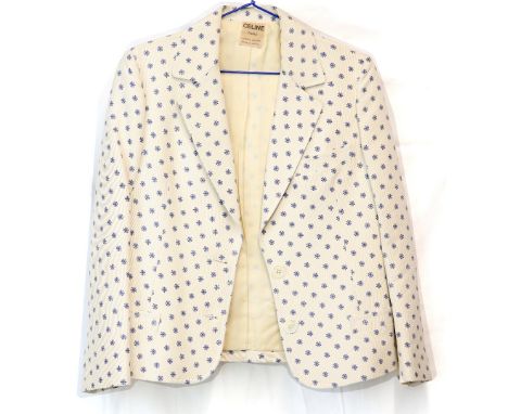 Jean Muir collection of smart day wear in  printed fabrics, 2 dresses and loose jacket and a Celine silk cream and blue jacke