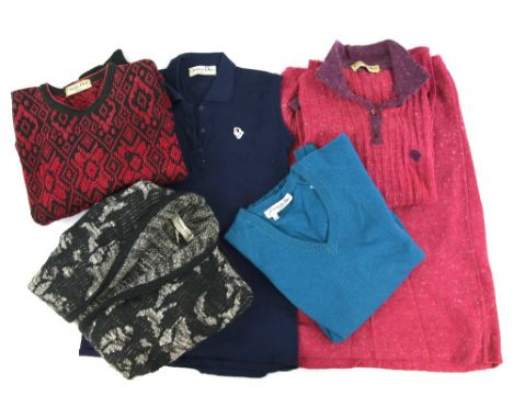 A Collection of Christian Dior vintage knitwear-  bat wing white and navy short sleeved jumper, a geometric jumper in maroon 