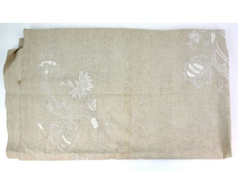 A 19th century heavy linen bedcover embroidered by Anne Elizabeth Edwards in 1858 in two panels,  stylised floral and foliate