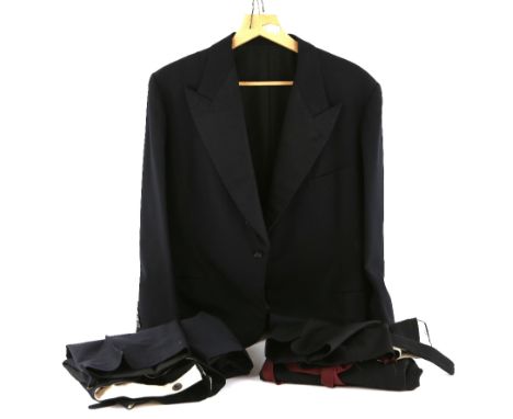 Men's clothing to include black Morning tails, trousers, and grey waistcoat,  brown leather waistcoat,  a Chong and Co cream 