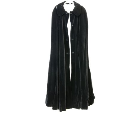 Jean Muir black wool winter coat, a mid length black velvet coat with frogging and a black velvet cloak with hood.       Blac