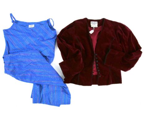 Vintage 80s fashion to include Caroline Charles labels including pink silk skirt ensemble, full length eau de nil skirt, blac