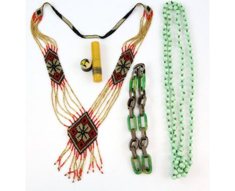 Group of  interesting vintage items, two necklaces, Deco phenolic manicure set, HMS Phoebe compact , Scottish silver hair com